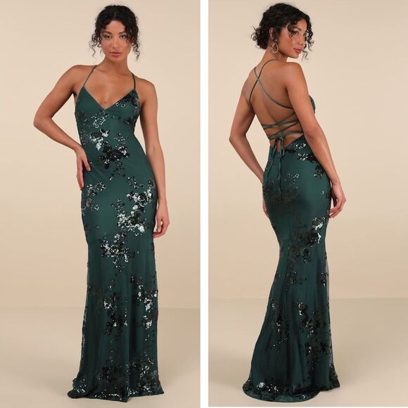 Lulus Valhalla Forest Green Sequin Lace-Up Maxi Dress Size Small NWT Formal Glam - Picture 1 of 8